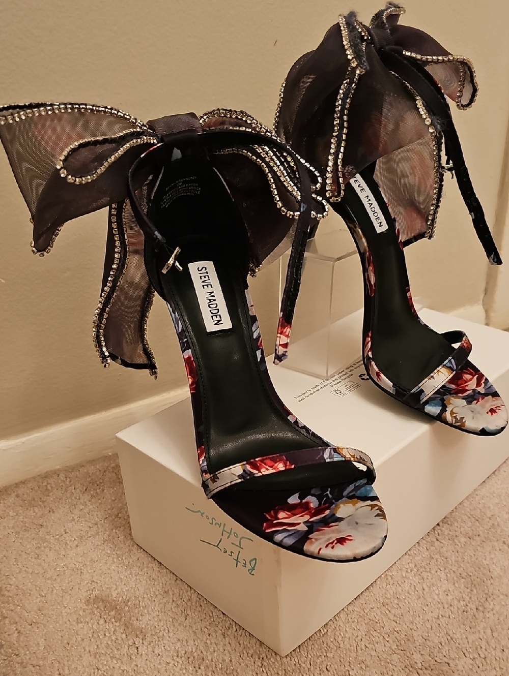 Steve Madden Black Floral Crystal Bow High Heel Sandals